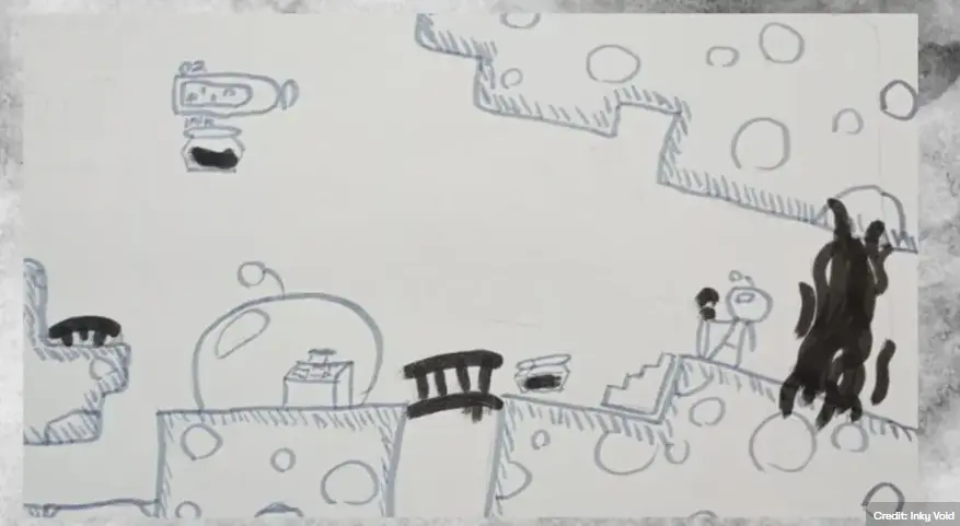 Concept art for Inky Void: a hand-drawn moon surface of craters and platforms, with an astronaut and a spreading ink splat